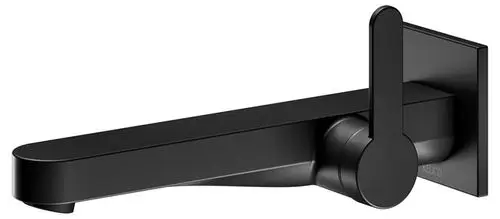 Wandmontierter Mischer in Schwarz von Keuco mit langer Auslaufkante und vertikalem Hebel. Klare Linienführung und modernes Design.